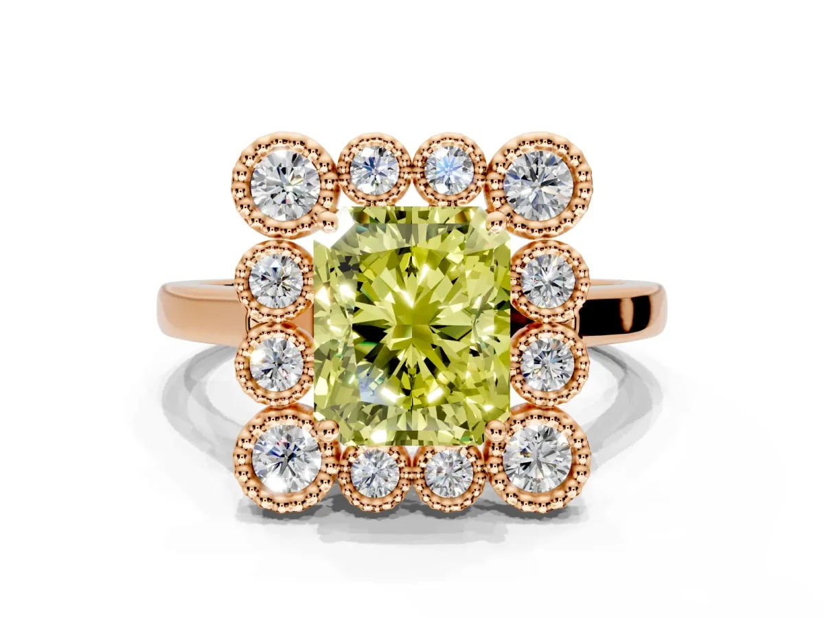 Cluster Halo Engagement Ring Setting for Fancy Yellow Radiant Cut Center with Milgrain Bezel Accents and Prong Head in Rose Gold