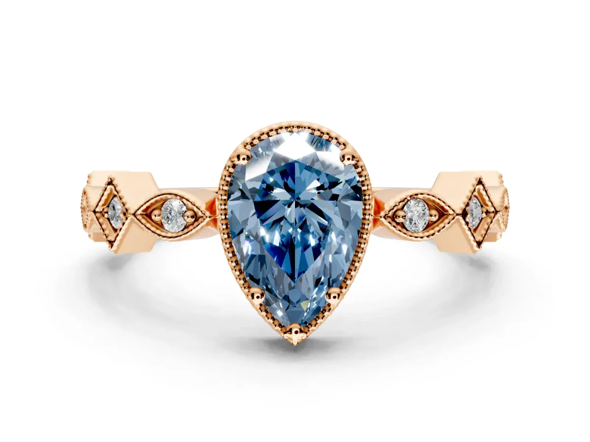 Milgrain Bezel Engagement Ring Setting for Fancy Blue Pear-Shaped Center with Marquise Stations and Bezel Head in Rose Gold