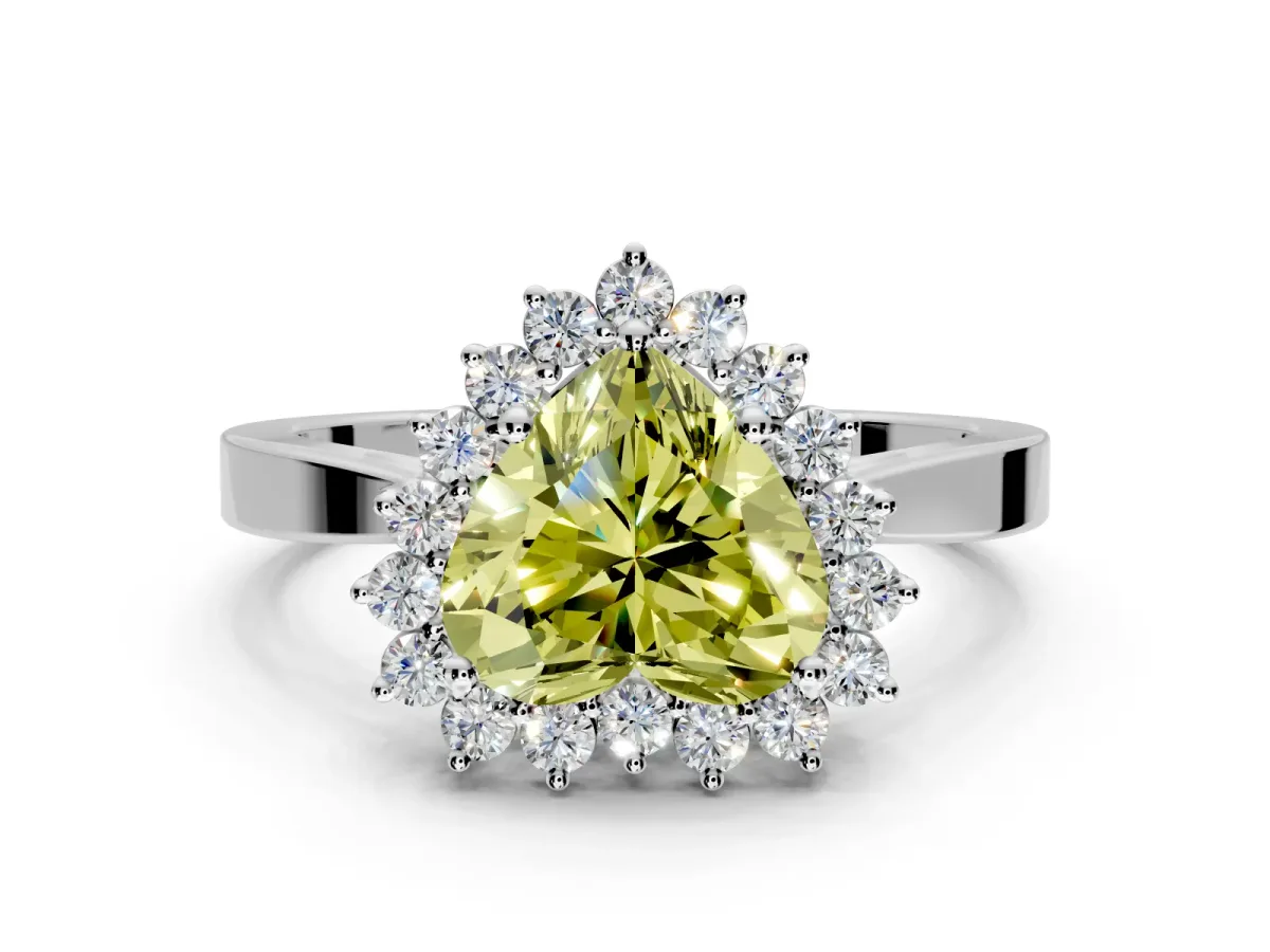 Starburst Halo Engagement Ring Setting for Fancy Yellow Heart-Shaped Center with Flat Cathedral Band and Prong Head in Platinum