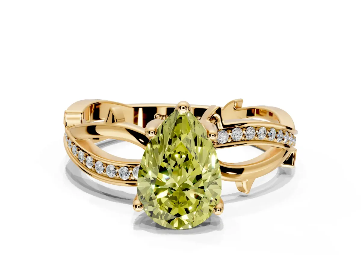 Solitaire Engagement Ring Setting for Fancy Yellow Pear-Shaped Center with Pave and Plain Crossover Band and Prong Head in Yellow Gold