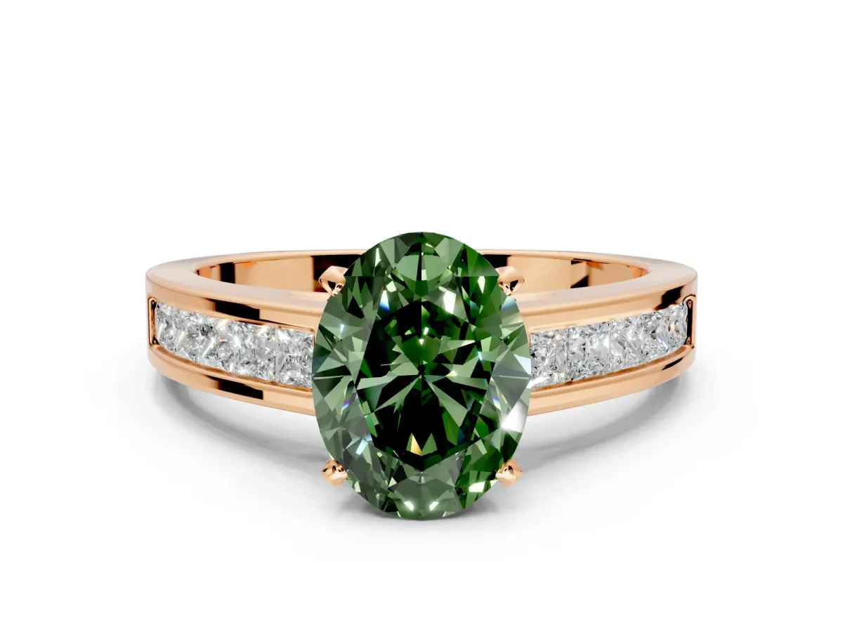 Solitaire Engagement Ring Setting for Fancy Green Oval Center with Princess Cut Channel Band and Prong Head in Rose Gold