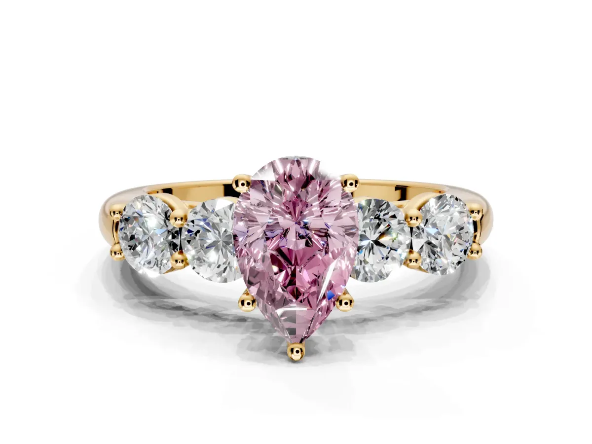 5 Stone Engagement Ring Setting for Fancy Pink Pear-Shaped Center with Graduated Accents and Prong Head in Yellow Gold