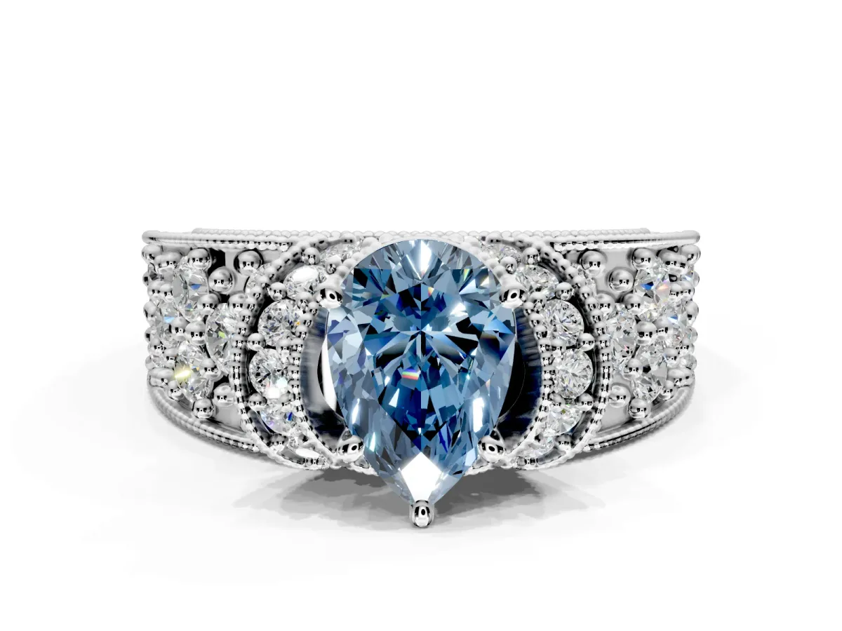 Pave Engagement Ring Setting for Fancy Blue Pear-Shaped Center with Curved Accent Rows, Openwork and Prong Head in Platinum