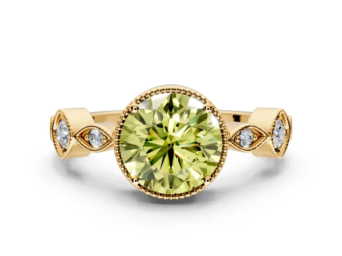 Vintage Station Engagement Ring Setting for Fancy Yellow Round Cut Center with Accents and Prong Head in Yellow Gold