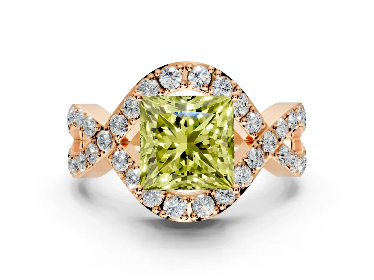 Halo Engagement Ring Setting for Fancy Yellow Princess Cut Center with Pave Infinity Twist Band and Prong Head in Rose Gold