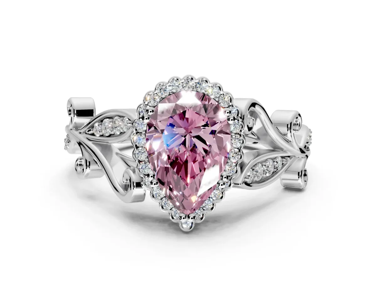 Halo Engagement Ring Setting for Fancy Pink Pear-Shaped Center with Leaf Motif Split Shank and Prong Head in Sterling Silver