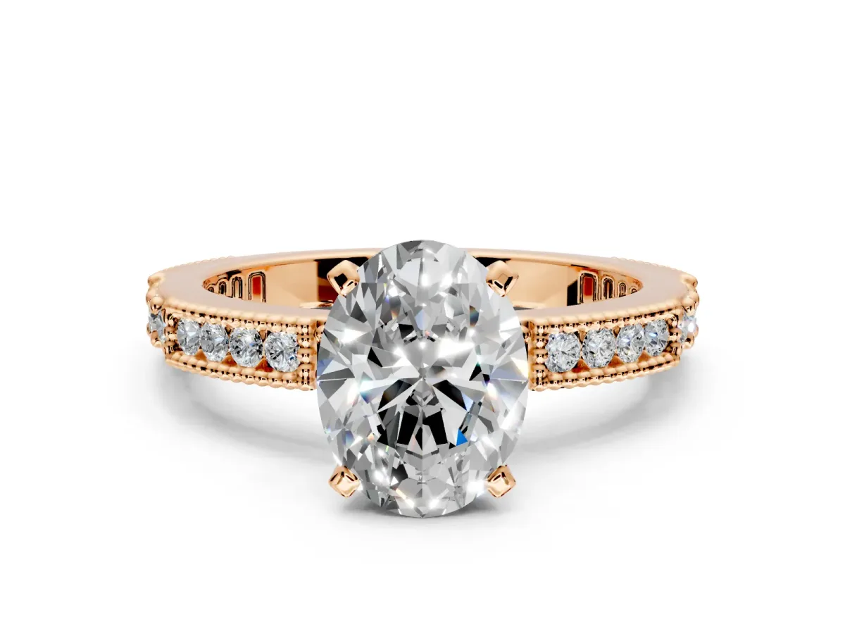 Solitaire Engagement Ring Setting for Oval Center with Milgrain-Edged Pave Band and Prong Head in Rose Gold