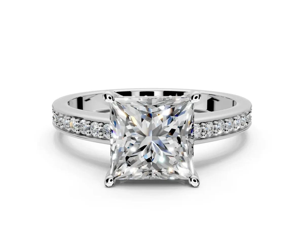 Solitaire Engagement Ring Setting for Princess Cut Center with Channel-Set Accent Band and Prong Head in Platinum