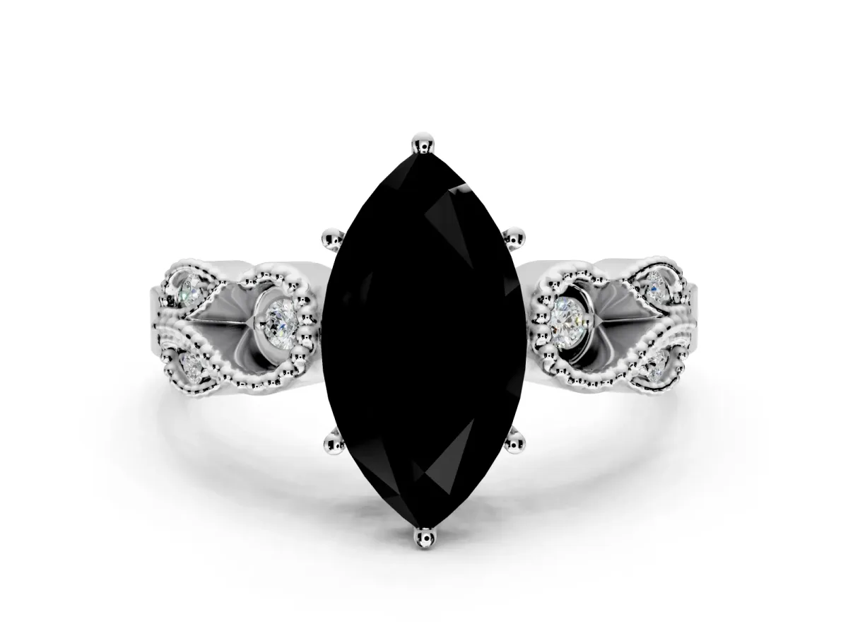Leaf Engagement Ring Setting for Fancy Black Marquise Center with Milgrain Accent Band and Prong Head in Sterling Silver