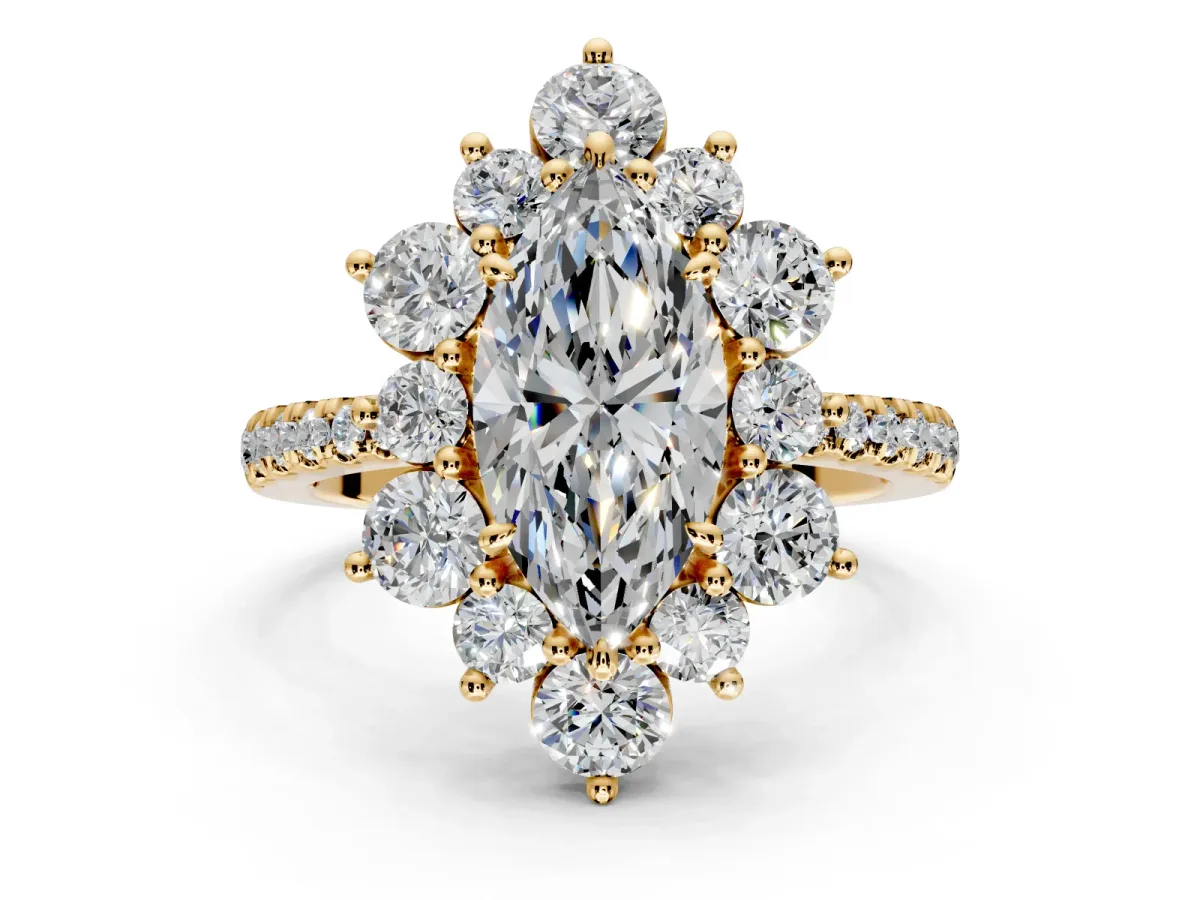 Floral Halo Engagement Ring Setting for Marquise Center with Pave Accents and Prong Head in Yellow Gold