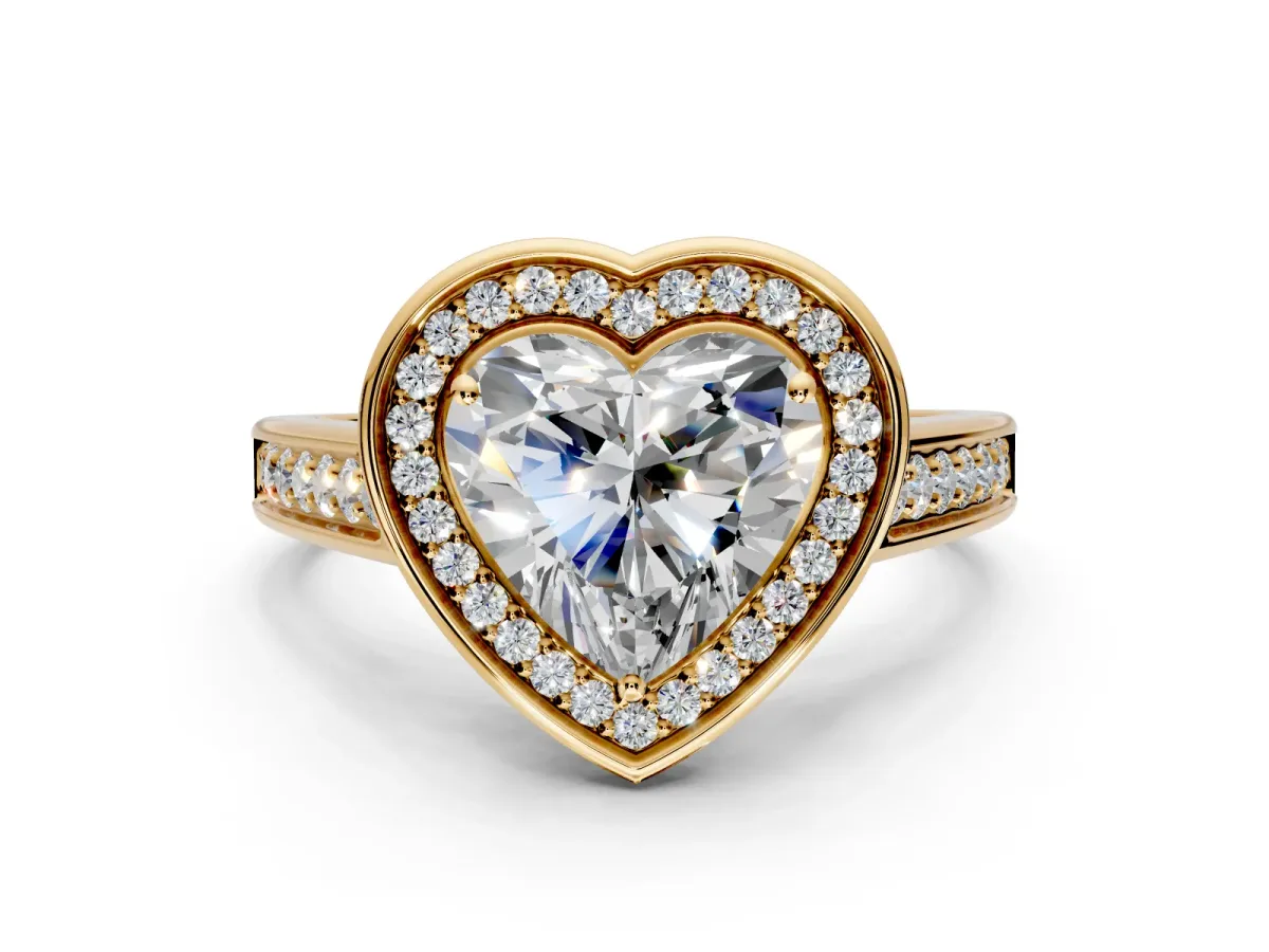 Halo Engagement Ring Setting for Heart-Shaped Center with Outer Bezel Rim, Pave Band and Prong Head in Yellow Gold