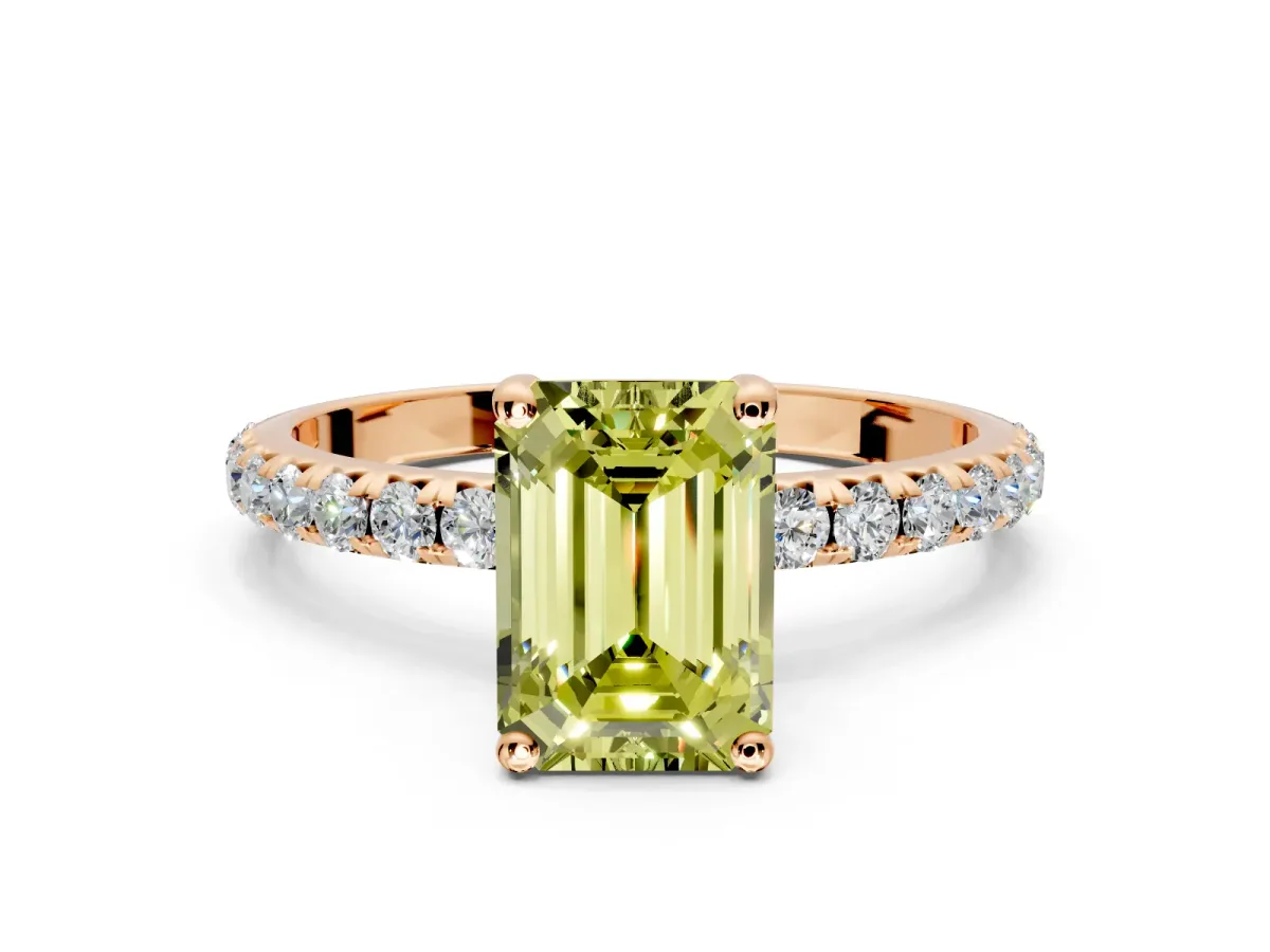 Solitaire Engagement Ring Setting for Fancy Yellow Emerald Cut Center with Micro Pave Band and Prong Head in Rose Gold