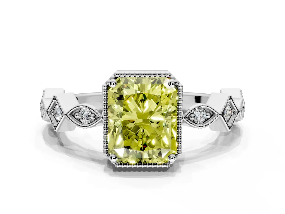 Milgrain Bezel Engagement Ring Setting for Fancy Yellow Radiant Cut Center with Marquise Stations and Bezel Head in Sterling Silver