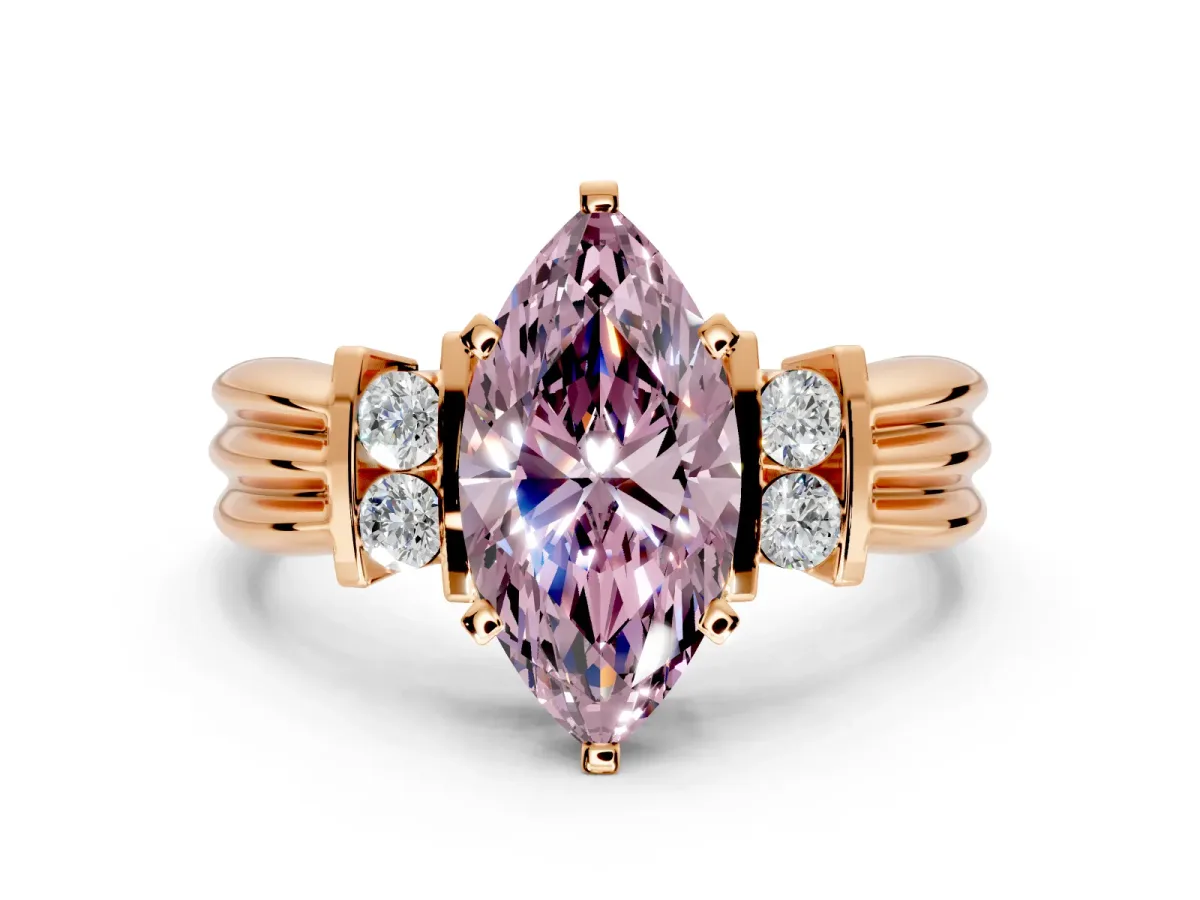 Solitaire Engagement Ring Setting for Fancy Pink Marquise Center with Grooved Bar Accent Band and Prong Head in Rose Gold