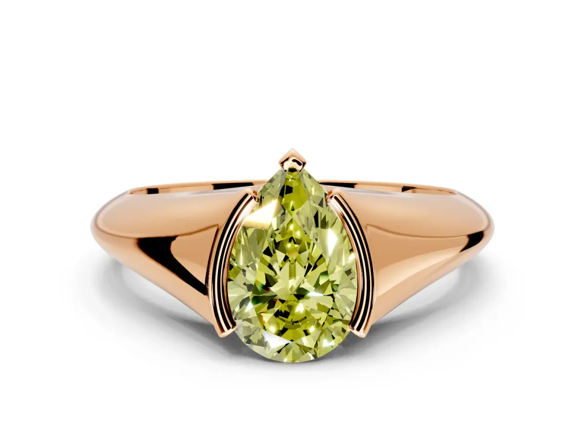 Tension Engagement Ring Setting for Fancy Yellow Pear-Shaped Center with Wide Tapered Band and Tension Head in Rose Gold