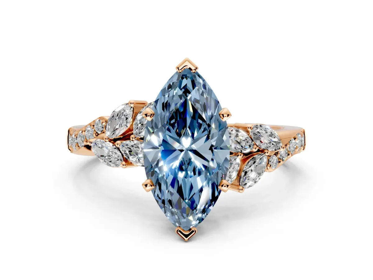 Solitaire Engagement Ring Setting for Fancy Blue Marquise Center with Marquise Accent Twist Band and Prong Head in Rose Gold