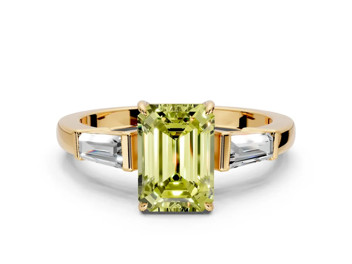 3 Stone Engagement Ring Setting for Fancy Yellow Emerald Cut Center with Baguette Accents and Prong Head in Yellow Gold