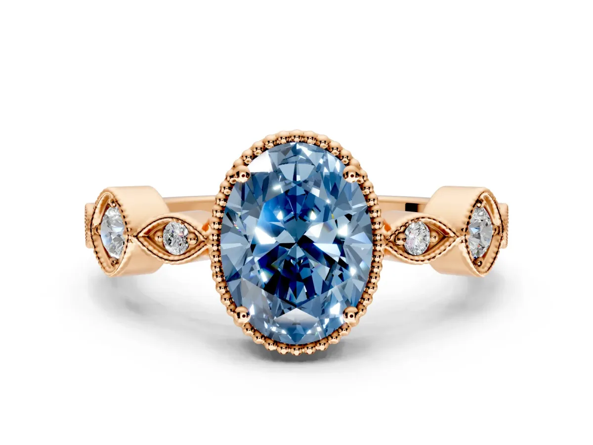 Vintage Station Engagement Ring Setting for Fancy Blue Oval Center with Accents and Prong Head in Rose Gold