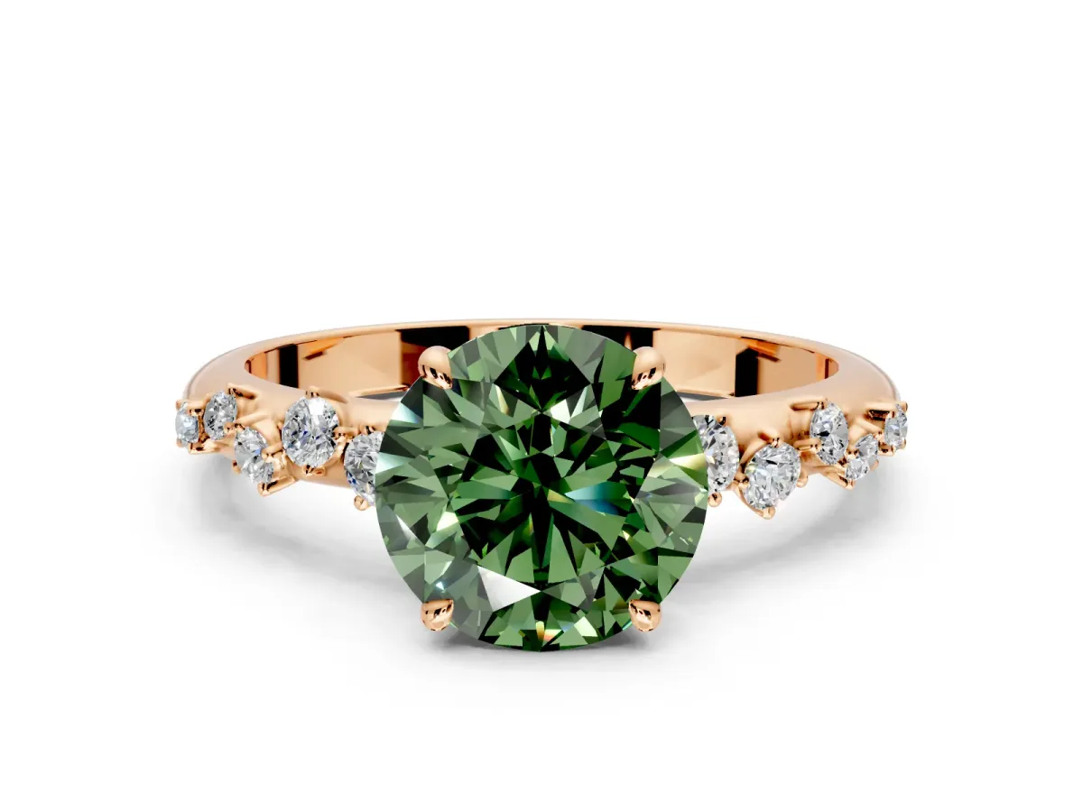 Cluster Engagement Ring Setting for Fancy Green Round Cut Center with Round Cut Accent Band and Prong Head in Rose Gold
