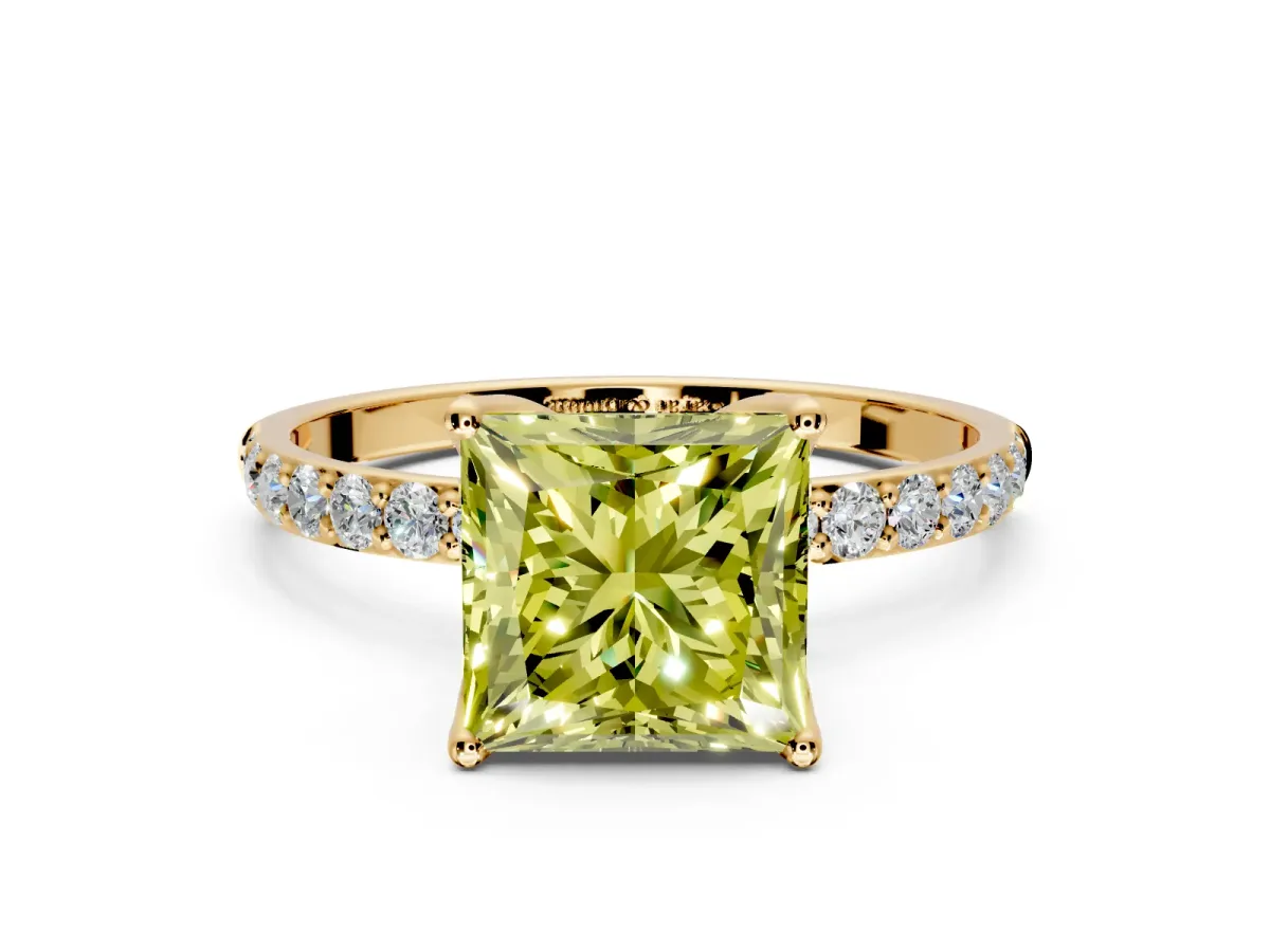 Solitaire Engagement Ring Setting for Fancy Yellow Princess Cut Center with Fine Pave Accents and Prong Head in Yellow Gold