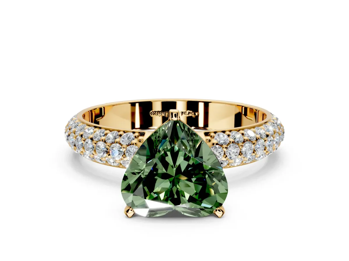 Solitaire Engagement Ring Setting for Fancy Green Heart-Shaped Center with Domed Multi-Row Pave Band and Prong Head in Yellow Gold