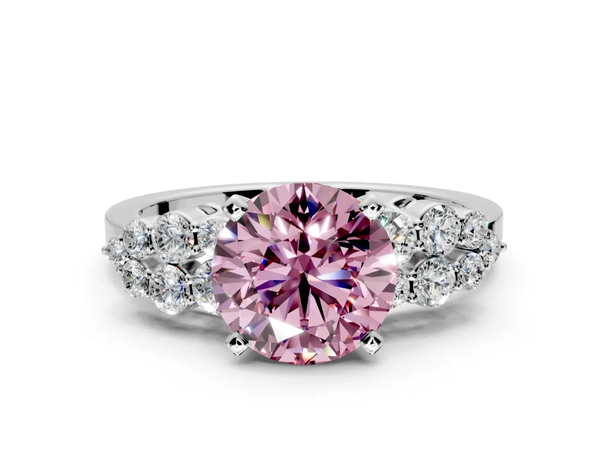 Cluster Engagement Ring Setting for Fancy Pink Round Cut Center with 2-Row Shoulder Clusters and Prong Head in Sterling Silver