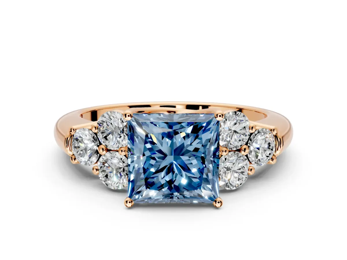 Cluster Engagement Ring Setting for Fancy Blue Princess Cut Center with Round Cut Accent Frame and Prong Head in Rose Gold