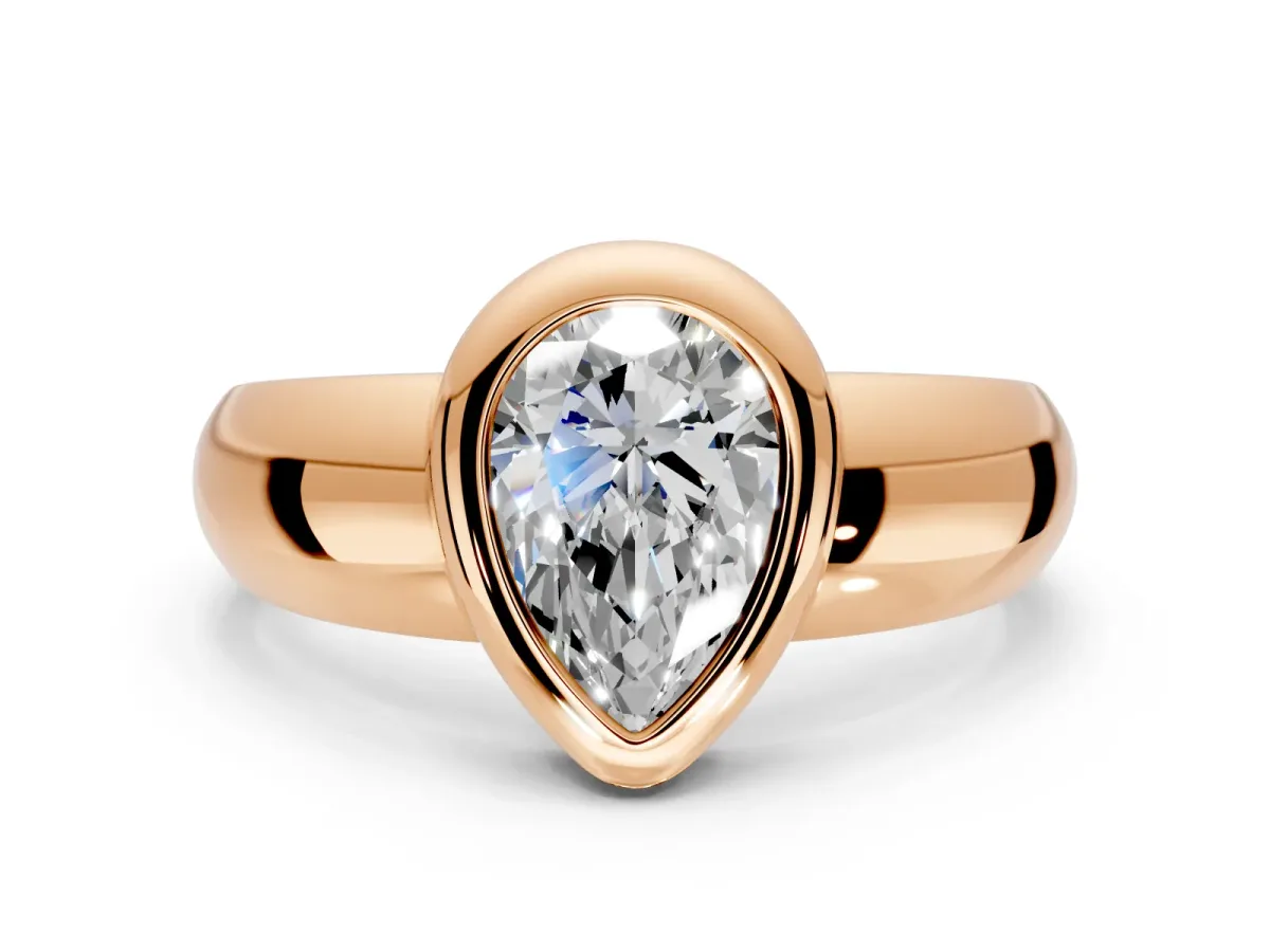 Solitaire Engagement Ring Setting for Pear-Shaped Center with Wide Band and Bezel Head in Rose Gold