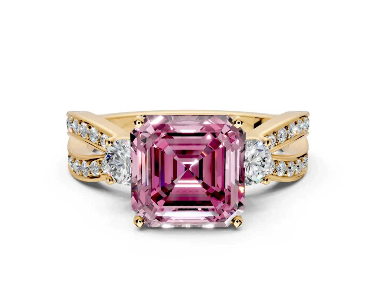 3 Stone Engagement Ring Setting for Fancy Pink Asscher Cut Center with Pave Twist Band and Prong Head in Yellow Gold