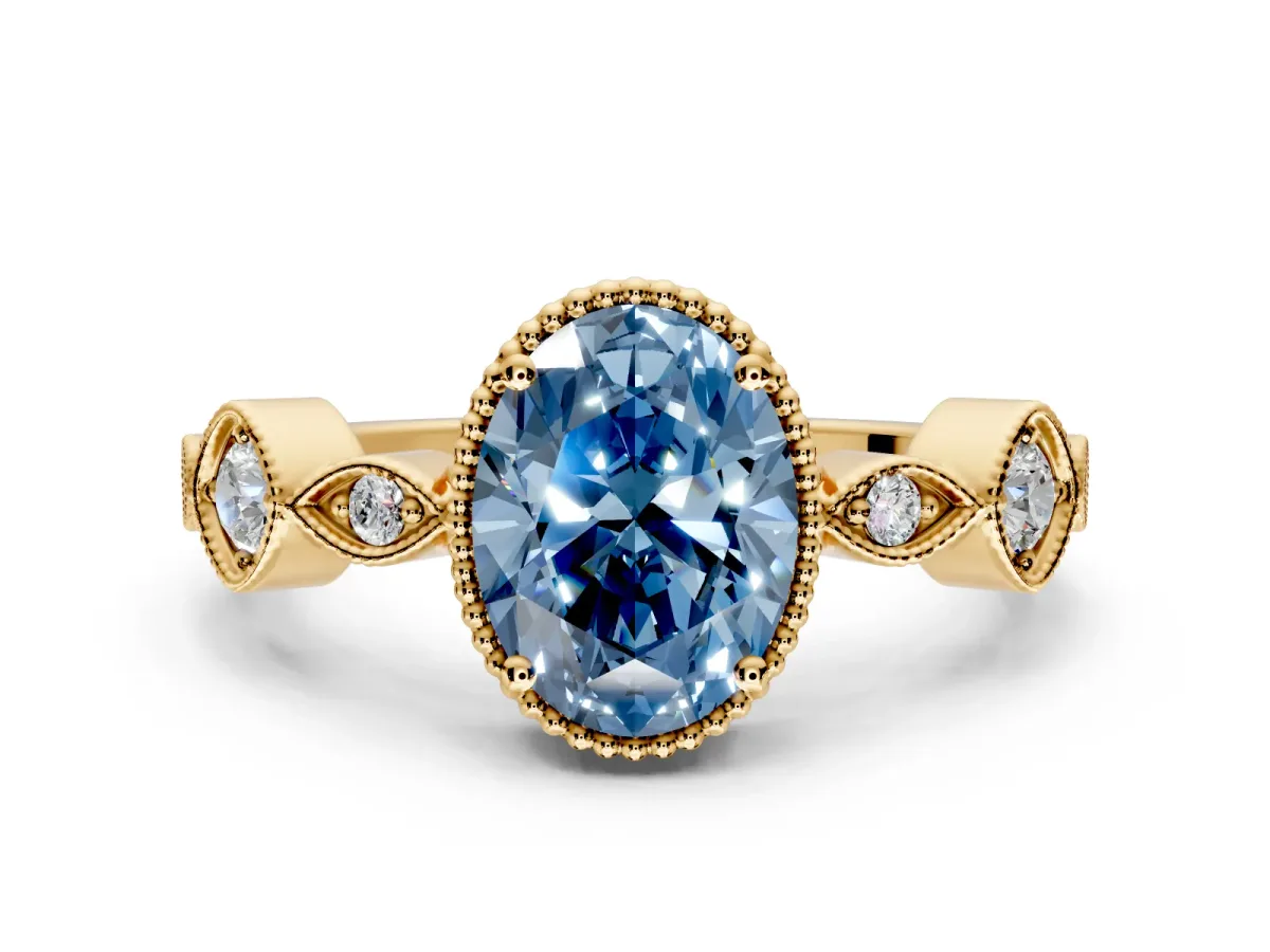 Vintage Station Engagement Ring Setting for Fancy Blue Oval Center with Accents and Prong Head in Yellow Gold