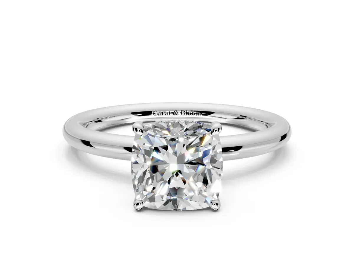 Hidden Halo Engagement Ring Setting for Cushion Cut Center with Thin Rounded Band and Prong Head in Platinum
