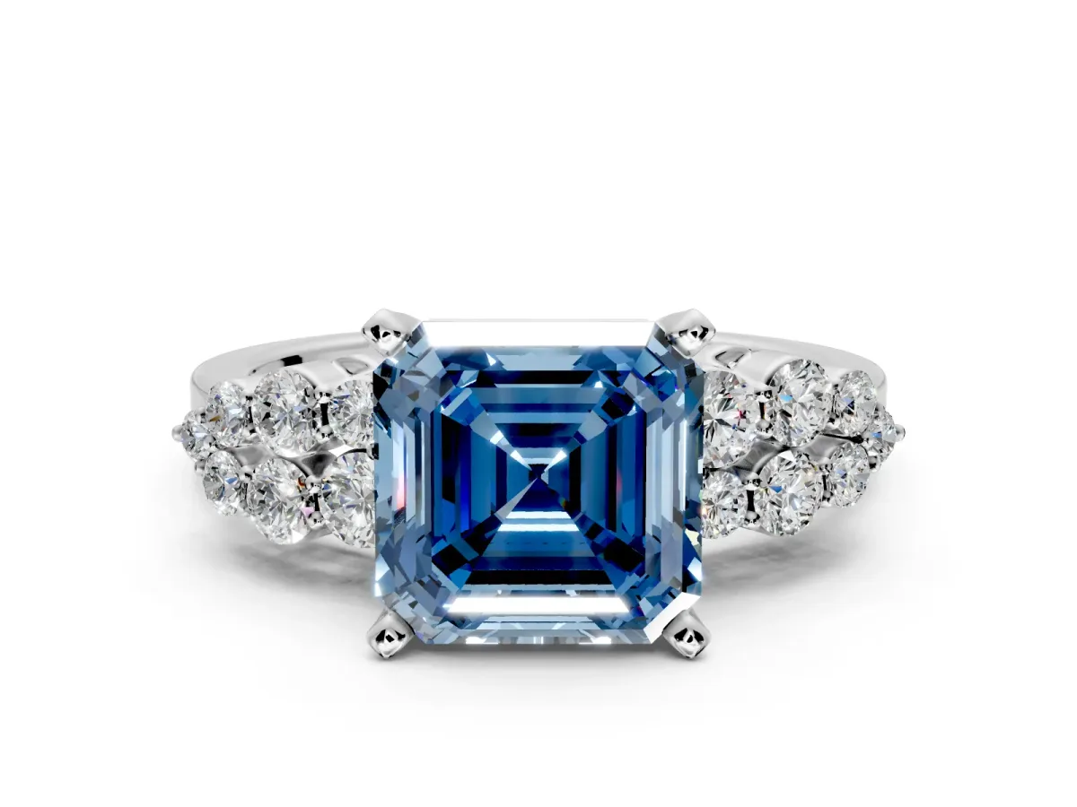 Cluster Engagement Ring Setting for Fancy Blue Asscher Cut Center with 2-Row Shoulder Clusters and Prong Head in White Gold