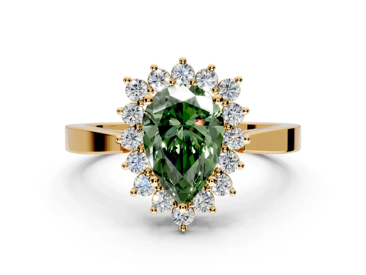 Starburst Halo Engagement Ring Setting for Fancy Green Pear-Shaped Center with Flat Cathedral Band and Prong Head in Yellow Gold