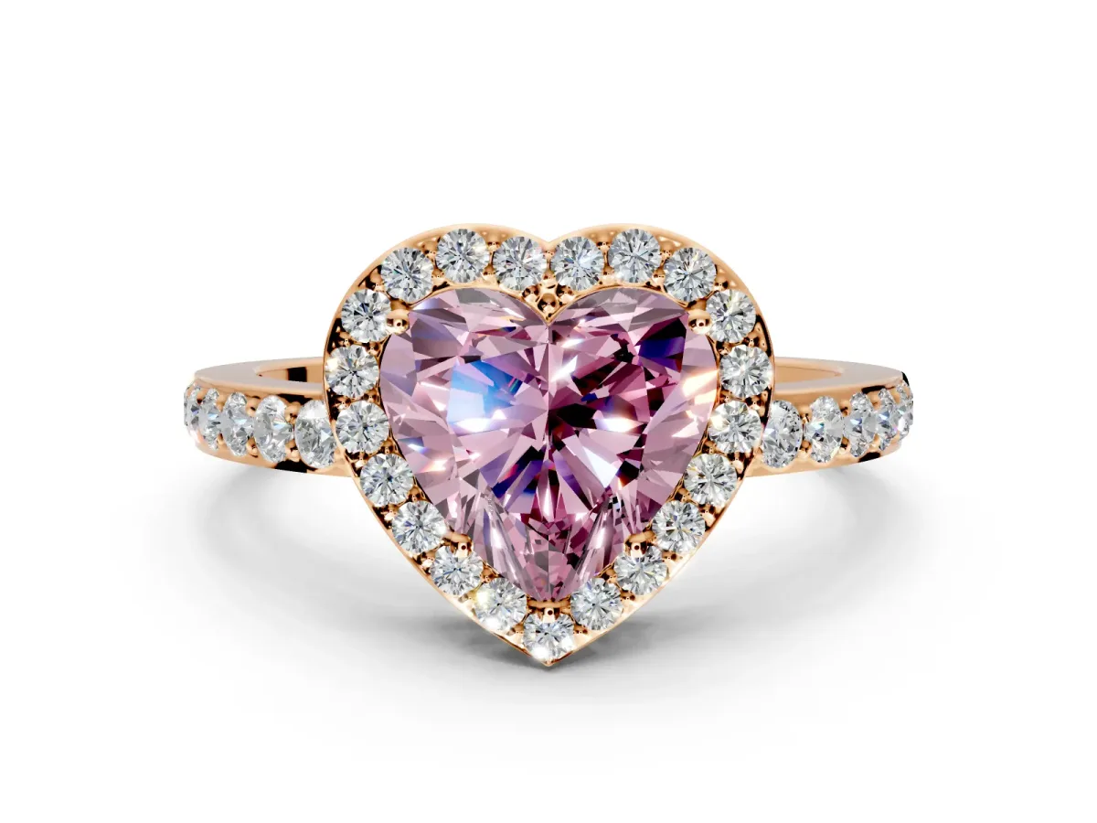 Halo Engagement Ring Setting for Fancy Pink Heart-Shaped Center with Heart-Shaped Openwork, Pave Band and Prong Head in Rose Gold