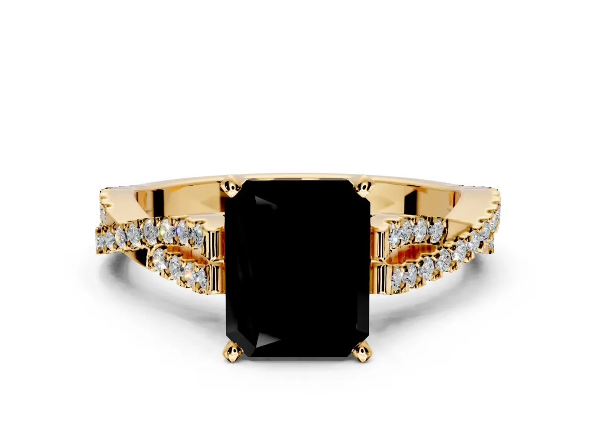 Solitaire Engagement Ring Setting for Fancy Black Radiant Cut Center with Twisted Pave Split Shank and Prong Head in Yellow Gold