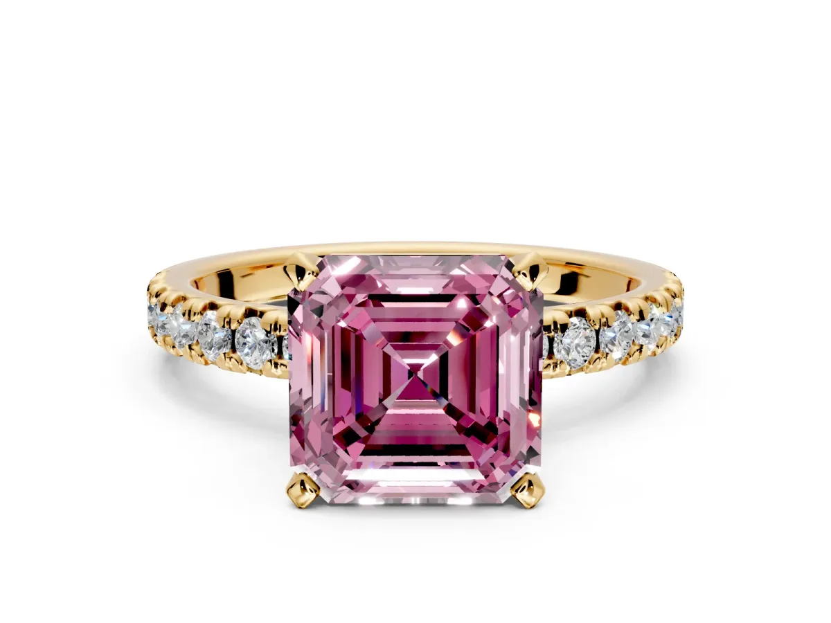 Solitaire Engagement Ring Setting for Fancy Pink Asscher Cut Center with Large Accents and Prong Head in Yellow Gold