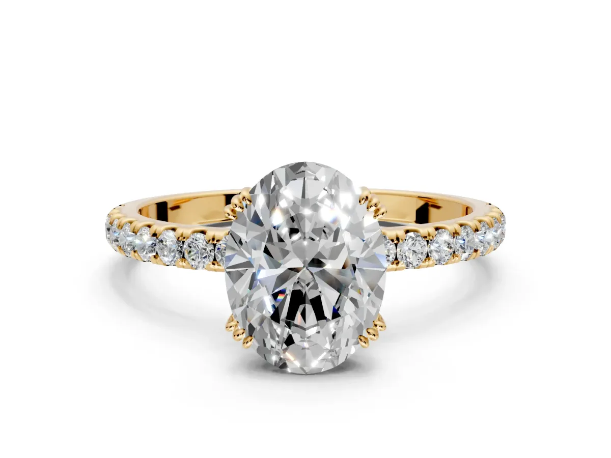 Solitaire Engagement Ring Setting for Oval Center with Pave Band and Claw Prong Head in Yellow Gold