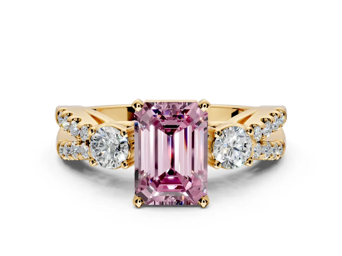 3 Stone Engagement Ring Setting for Fancy Pink Emerald Cut Center with Pave Split Shank and Prong Head in Yellow Gold