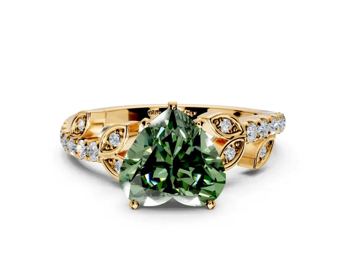 Leaf Motif Engagement Ring Setting for Fancy Green Heart-Shaped Center with Pave Band and Prong Head in Yellow Gold