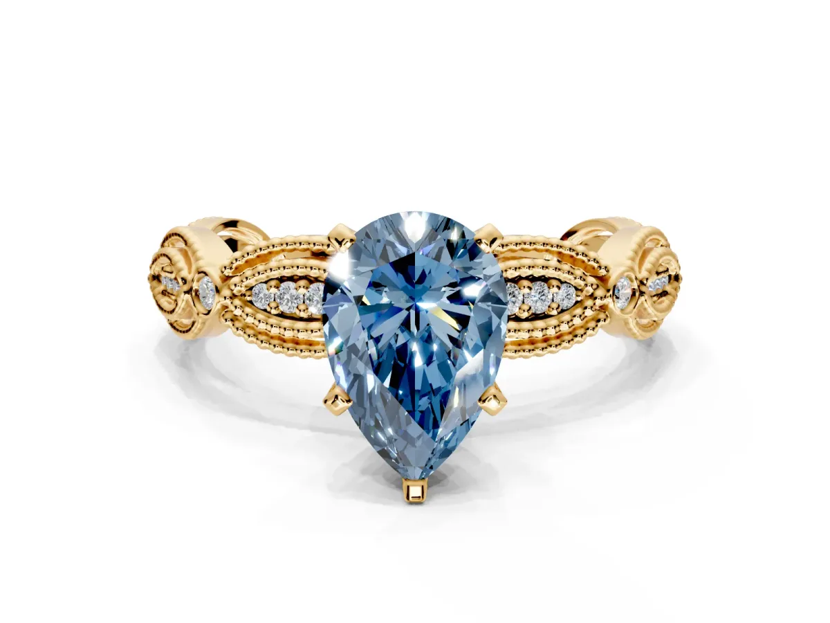 Solitaire Engagement Ring Setting for Fancy Blue Pear-Shaped Center with Marquise Panel Band and Prong Head in Yellow Gold