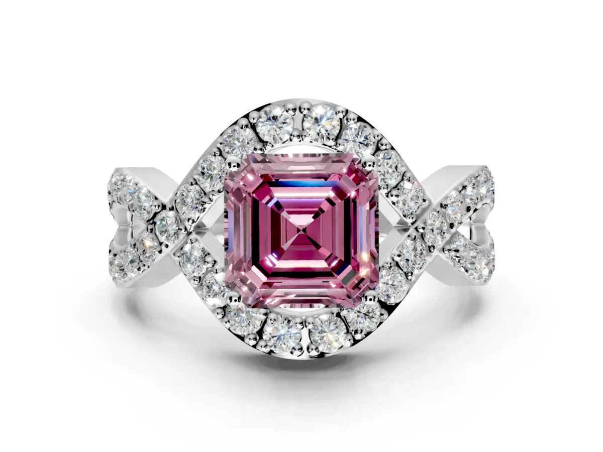Halo Engagement Ring Setting for Fancy Pink Asscher Cut Center with Pave Infinity Twist Band and Prong Head in Platinum