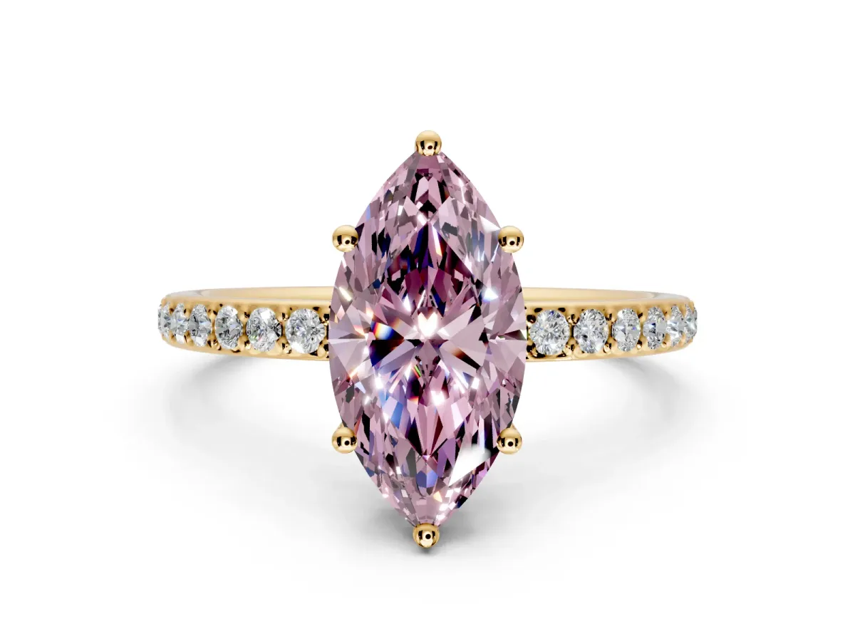Solitaire Engagement Ring Setting for Fancy Pink Marquise Center with Fine Pave Band and Prong Head in Yellow Gold