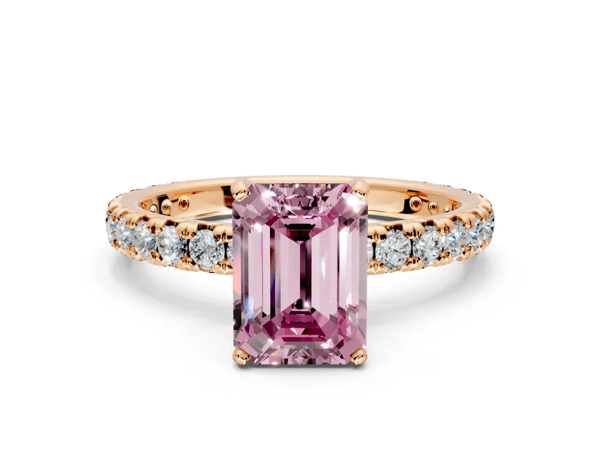 Solitaire Engagement Ring Setting for Fancy Pink Emerald Cut Center with Shared-Prong Accents and Prong Head in Rose Gold