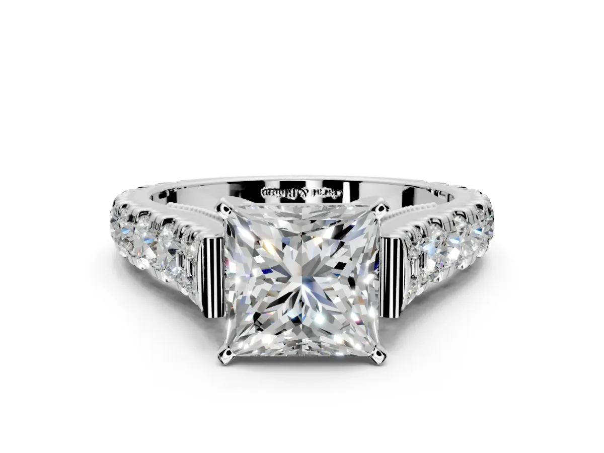 Solitaire Engagement Ring Setting for Princess Cut Center with Pave Cathedral Shoulders and Prong Head in Platinum