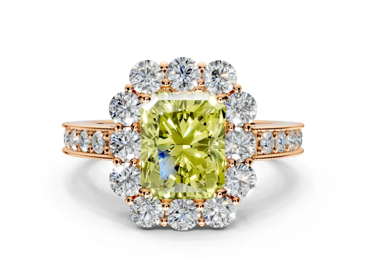 Halo Engagement Ring Setting for Fancy Yellow Radiant Cut Center with Milgrain Channel Band and Prong Head in Rose Gold