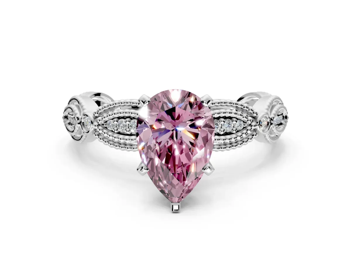 Solitaire Engagement Ring Setting for Fancy Pink Pear-Shaped Center with Marquise Panel Band and Prong Head in Sterling Silver
