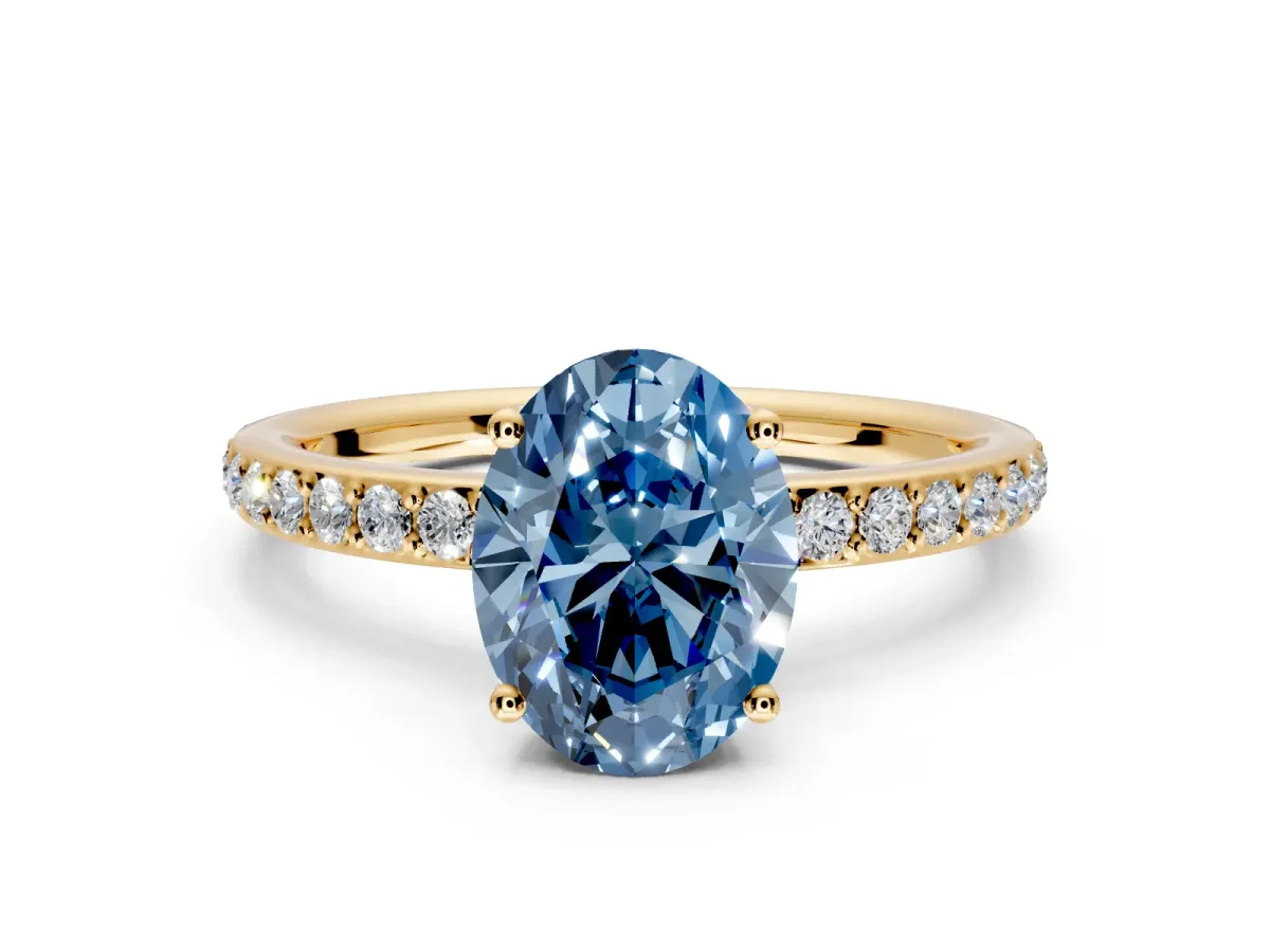 Solitaire Engagement Ring Setting for Fancy Blue Oval Center with Fine Pave Band and Prong Head in Yellow Gold