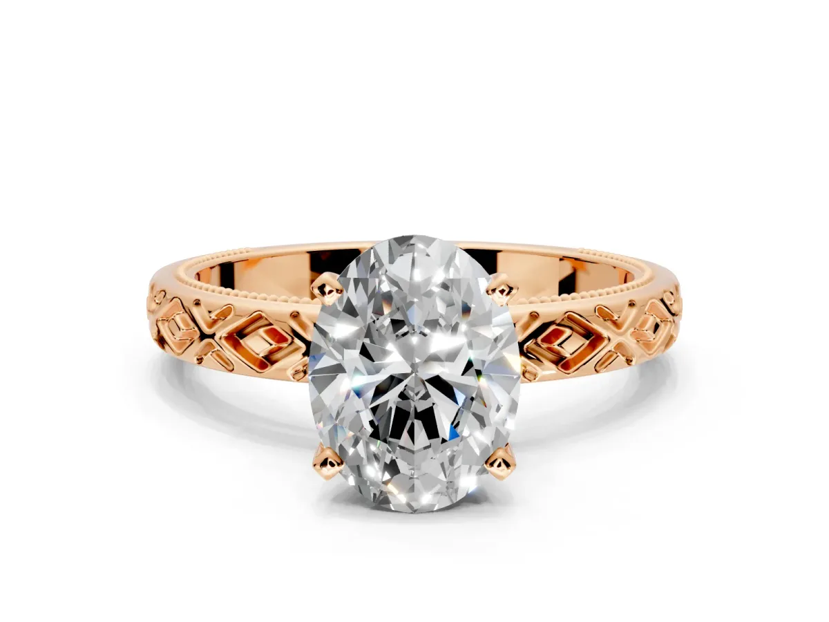 Solitaire Engagement Ring Setting for Oval Center with Milgrain X Pattern Band and Prong Head in Rose Gold