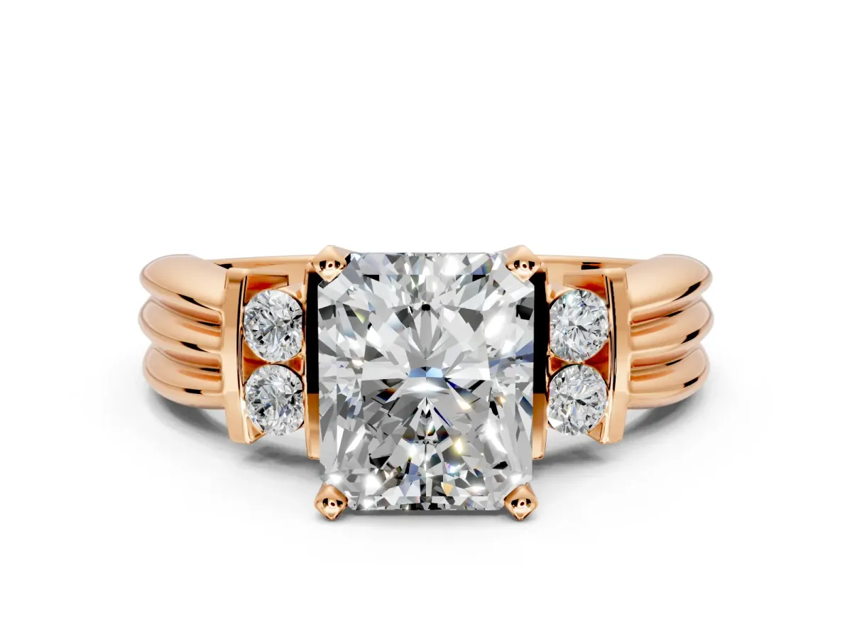 Solitaire Engagement Ring Setting for Radiant Cut Center with Grooved Bar Accent Band and Prong Head in Rose Gold