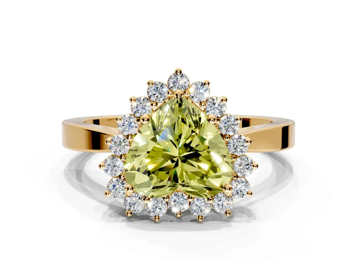 Starburst Halo Engagement Ring Setting for Fancy Yellow Heart-Shaped Center with Flat Cathedral Band and Prong Head in Yellow Gold